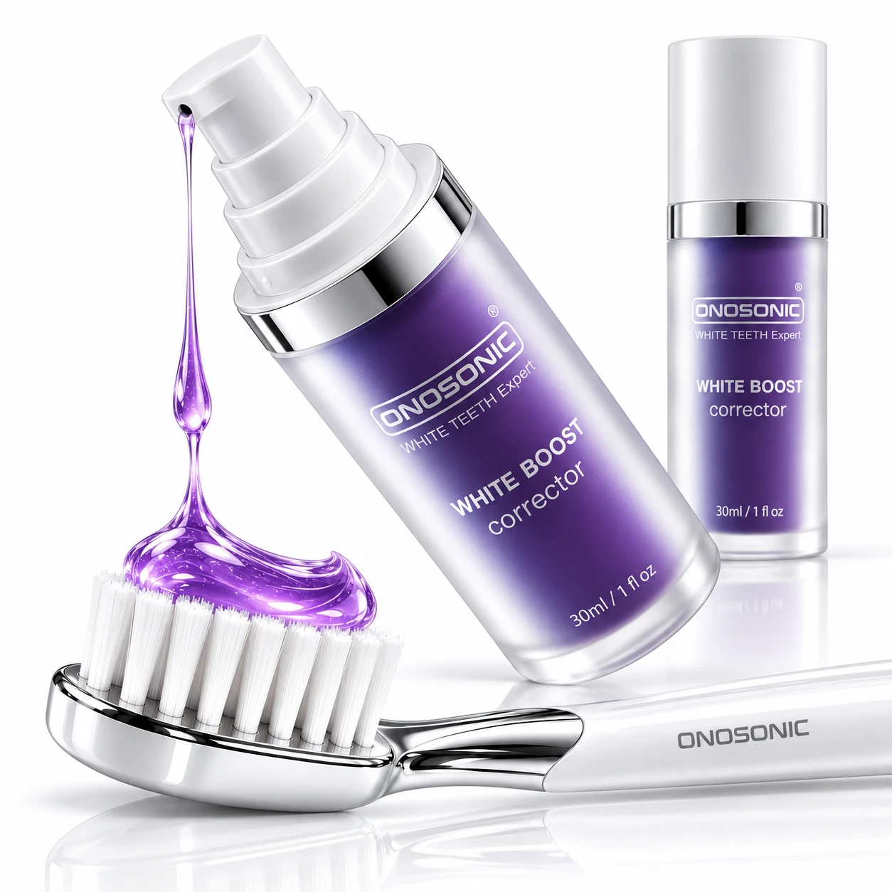ONOSONIC purple whitening colour correcting gel toothpaste for Dubai teeth whitening and brighter looking teeth, تبييض الأسنان في دبي