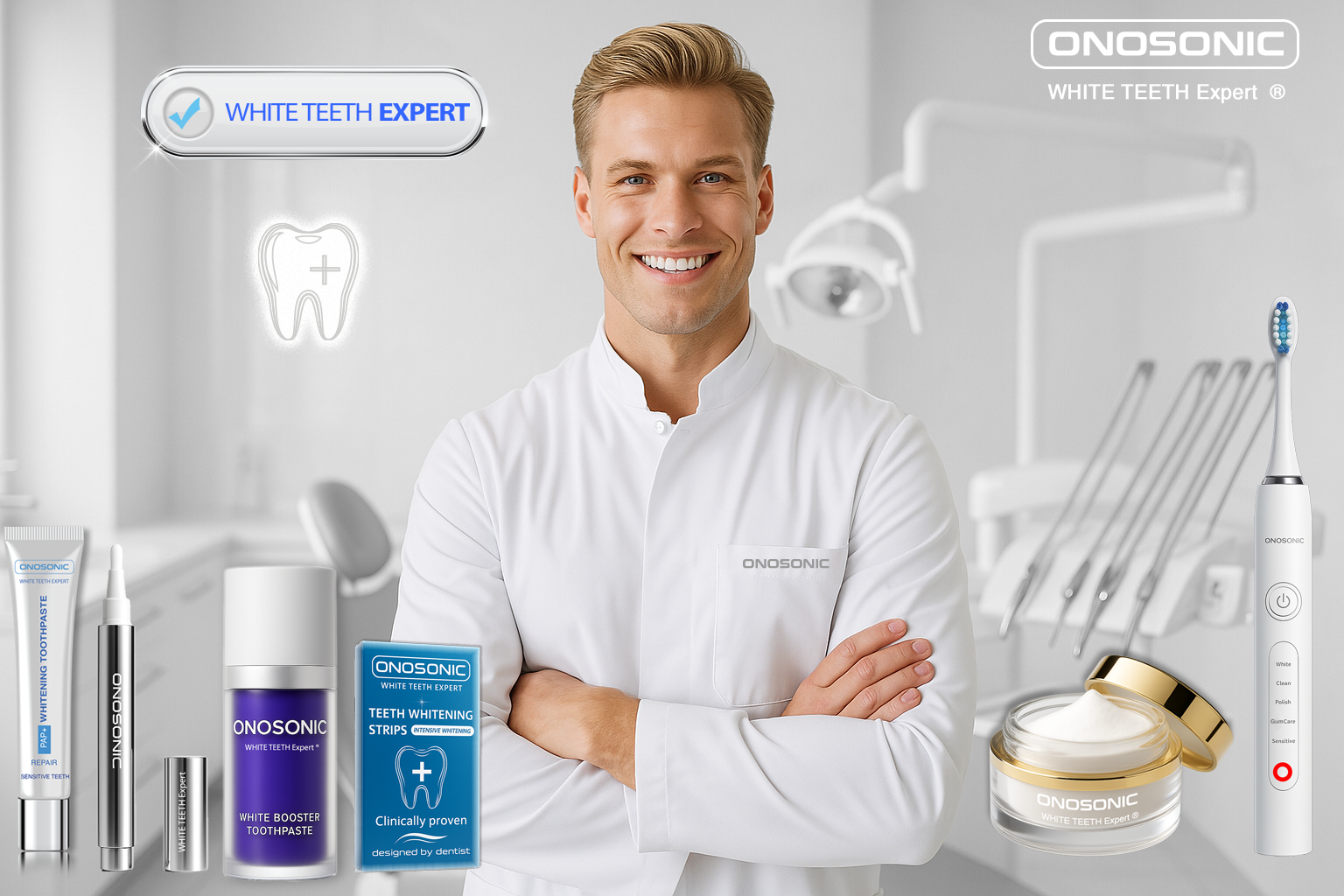 ONOSONIC WHITE TEETH Expert® full whitening range – Teeth Whitening Strips, PAP+ Whitening Toothpaste, Teeth Whitening Polishing Powder, Whitening Gel Pen, Whitening Booster, and Purple Color-Correcting Toothpaste – Premium Dubai Brand, Fluoride-Free, Sensitivity-Friendly, Shipped Worldwide