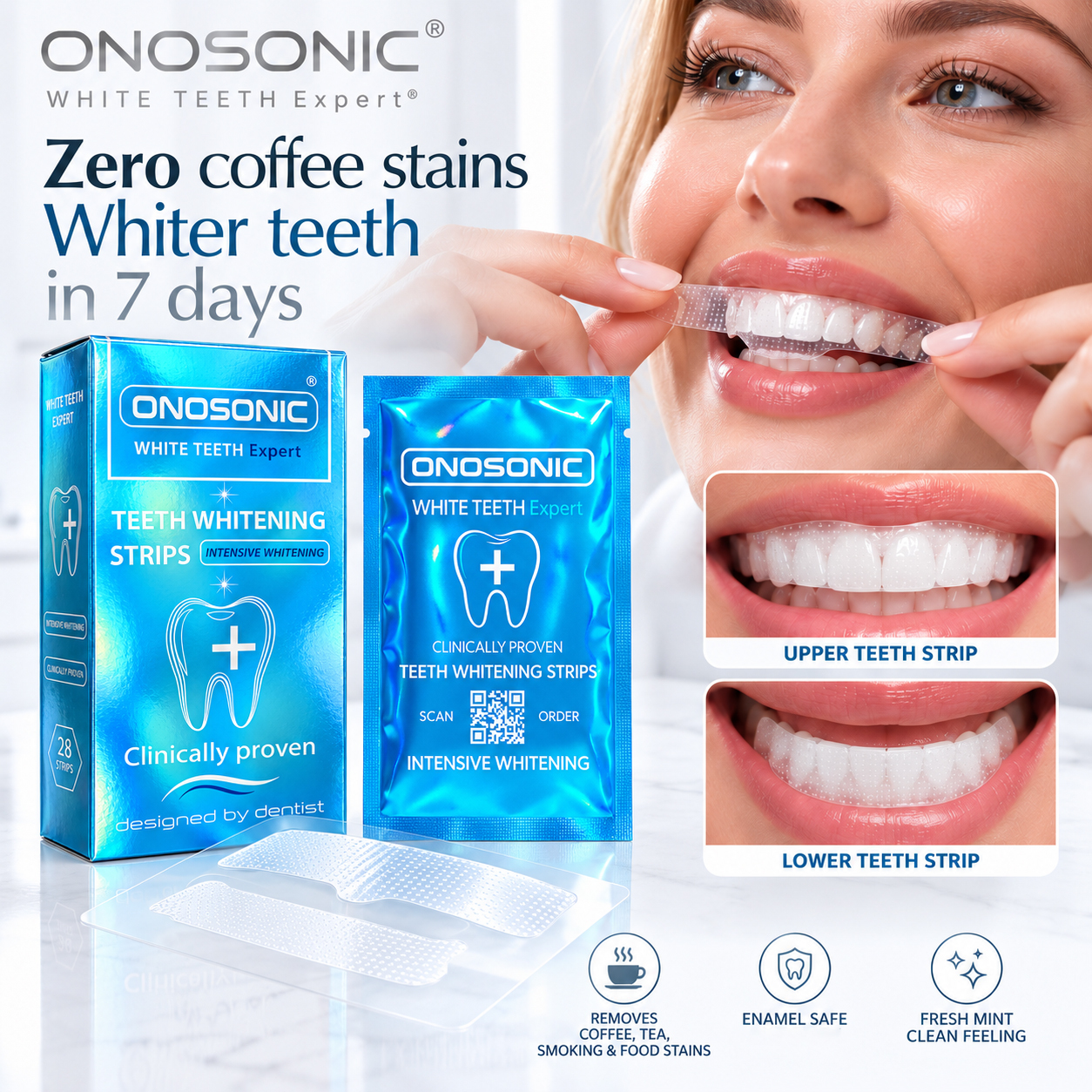 Dubai teeth whitening ONOSONIC teeth whitening strips alternative to Crest Whitestrips for coffee tea and everyday stains