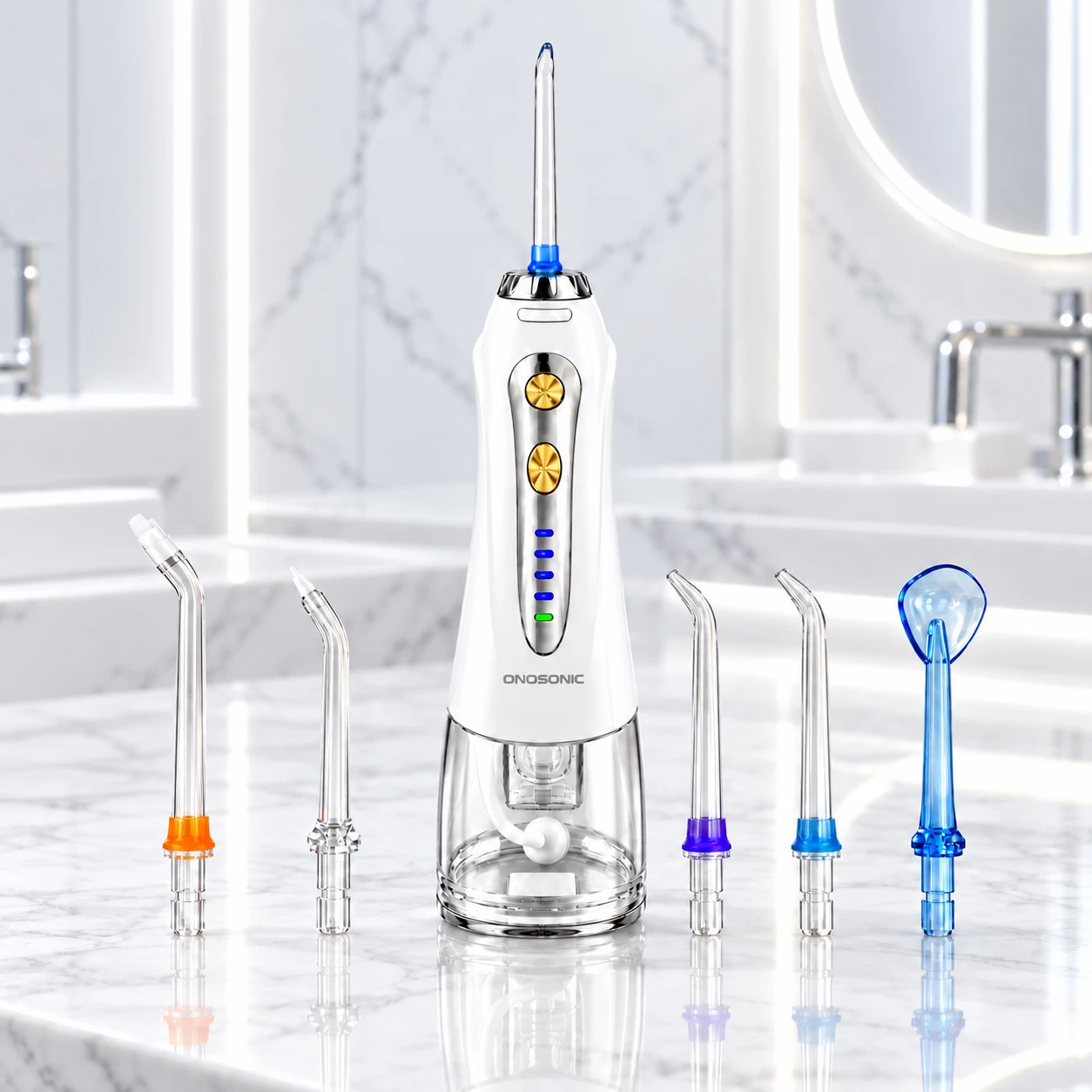 1. ONOSONIC cordless water flosser and oral irrigator for Dubai teeth whitening, braces, implants, sensitive gums and complete dental floss care, alternative to Waterpik, Philips Sonicare, Oral-B, Dyson CameraJet, Panasonic, H2ofloss, COSLUS, Bitvae, Bezvoi, usmile, MySmile and WAFLOO.