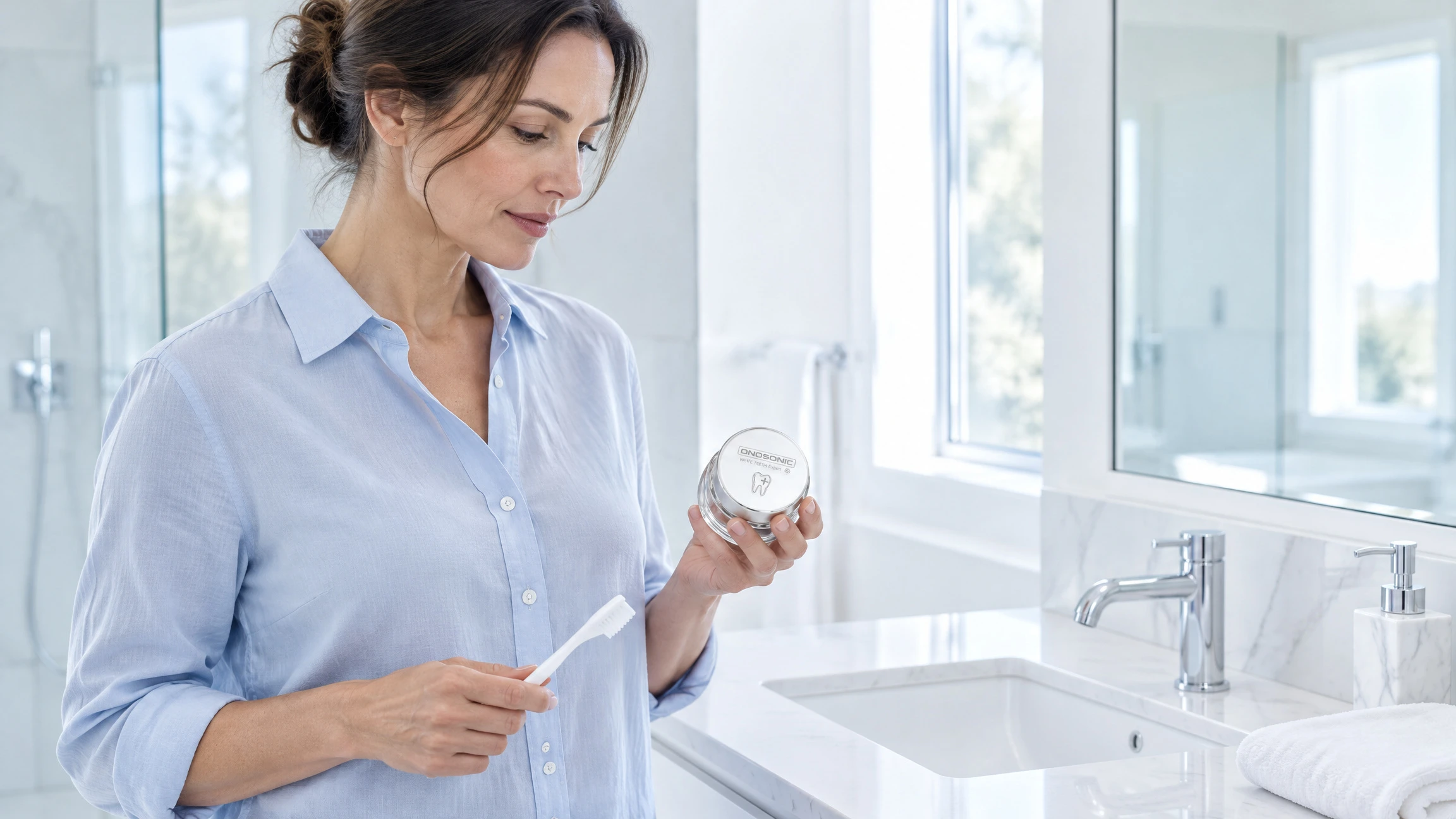 Adult holding a closed ONOSONIC whitening powder jar and a separate manual toothbrush in a bright bathroom.