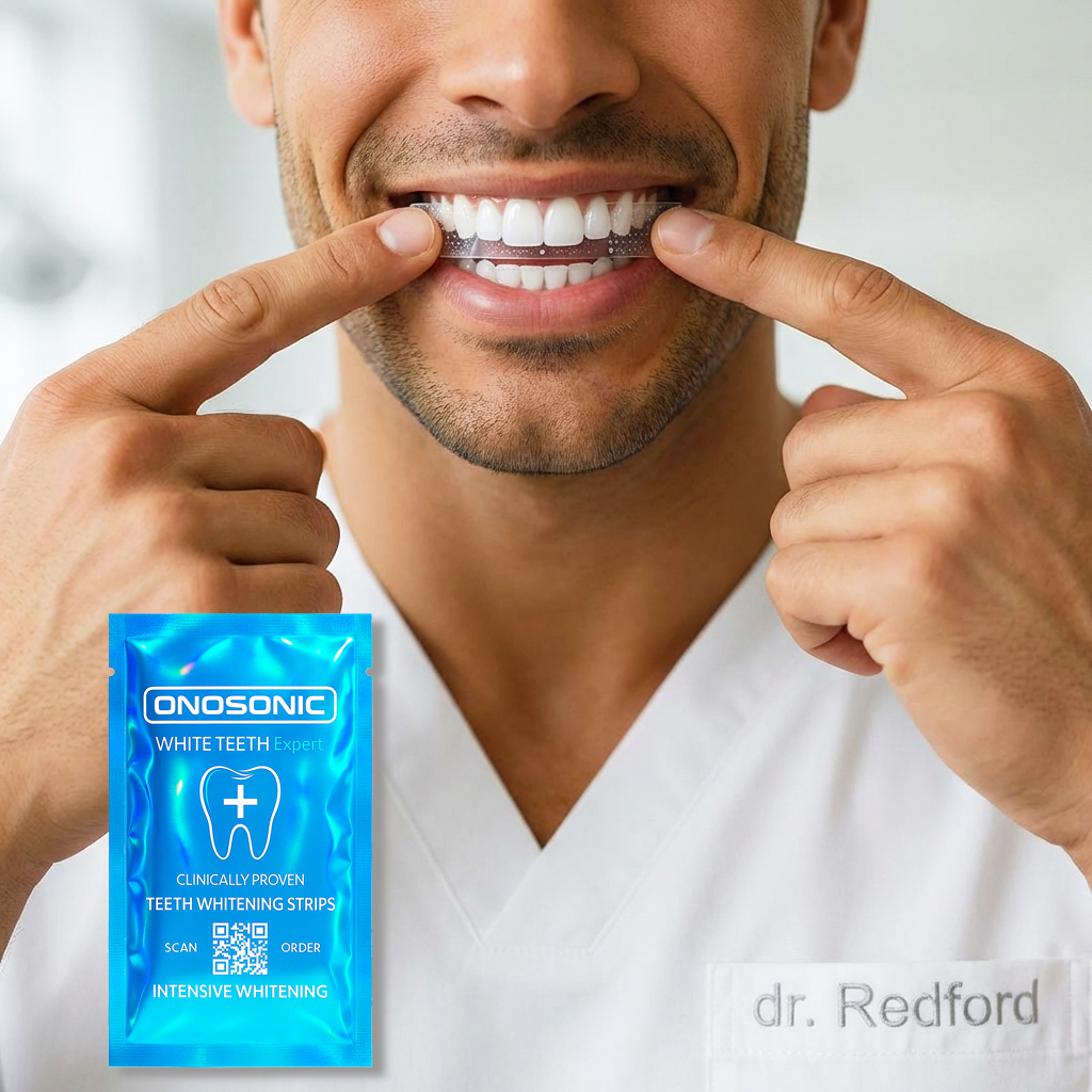 ONOSONIC teeth whitening strips placed on clean white background, ultra-thin flexible strips designed for enamel-safe whitening, removing stains from coffee, tea, wine and tobacco, professional at-home teeth whitening Dubai Premium oral care brand