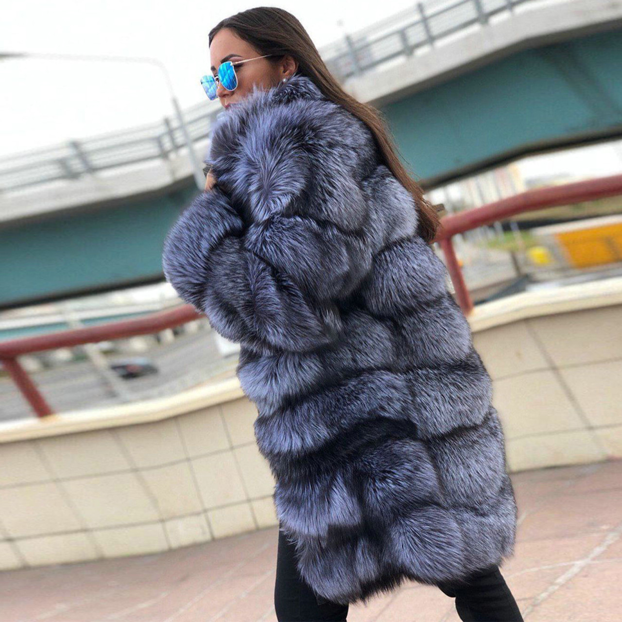 110cm Luxury Women Full Pelt Real Silver Fox Fur Coat Hoodie Thick Warm  Overcoat
