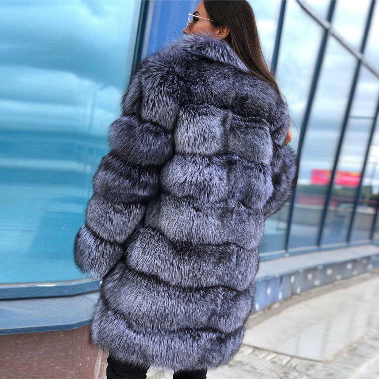 110cm Luxury Women Full Pelt Real Silver Fox Fur Coat Hoodie Thick Warm  Overcoat