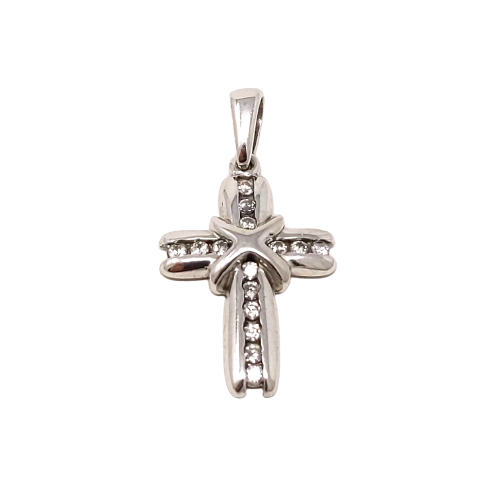 Stone-lined Wrapped Cross Pendant White 10kt