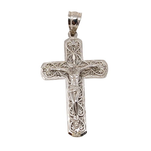 Intricate Filigree Jesus Cross 10kt White