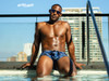 Men’s FEEL SW Swim Trunks – Sleek Bold Sculpting Sexy Swimwear (Dark Blue-Palms) by ErgoWear