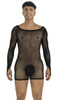 Men's Fishnet Bodysuit – Long Sleeve Sheer Mesh Romper (Black) by CandyMan
