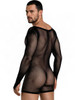 Men's Fishnet Bodysuit – Long Sleeve Sheer Mesh Romper (Black) by CandyMan