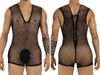 Men's Fishnet Bodysuit – Deep V Lace-Up Back Mesh Romper (Black) by CandyMan