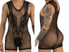 Men's Fishnet Lace Accent Bodysuit – Sheer Mesh One-Piece Romper (Black) by CandyMan