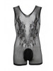 Men's Fishnet Lace Accent Bodysuit – Sheer Mesh One-Piece Romper (Black) by CandyMan