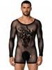 Men's Fishnet Graphic Bodysuit – Long Sleeve Sheer Mesh One-Piece (Black) by CandyMan