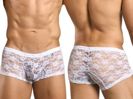 Men’s Lace Trunks – Sleek Bold Sculpting Sexy Underwear (White Lace) by MaleBasics