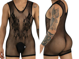 Men's Fishnet Lace Accent Bodysuit – Sheer Mesh One-Piece Romper (Black) by CandyMan