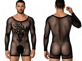 Men's Fishnet Graphic Bodysuit – Long Sleeve Sheer Mesh One-Piece (Black) by CandyMan