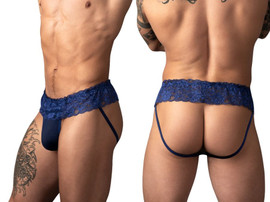 Men's Sassy Lace Skirt Jockstrap – Lace Mesh Jockstrap Underwear (Navy) by MalePower