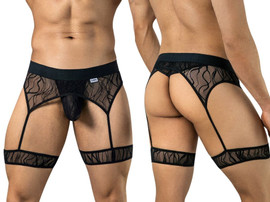 Men’s Lace Garter Thong – Sheer Seductive Strap Underwear (Black) by CandyMan