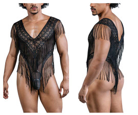 99865 CandyMan Men's Fringe Lace-Mesh Bodysuit Color Black