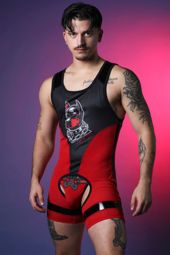 Men's Kennel Club Dark Pup Singlet Chaps – Limited Edition Fetish Wrestling Singlet (Red) by CellBlock 13