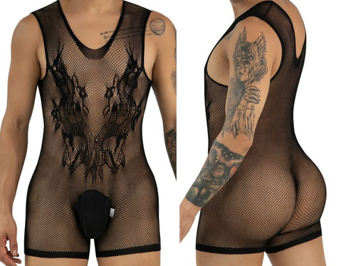 Men's Fishnet Lace Accent Bodysuit – Sheer Mesh One-Piece Romper (Black) by CandyMan