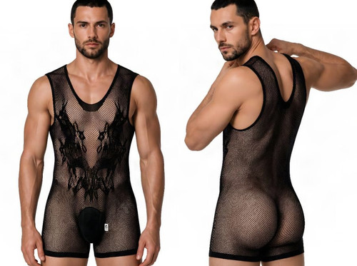 Men's Fishnet Lace Accent Bodysuit – Sheer Mesh One-Piece Romper (Black) by CandyMan