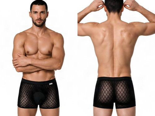 Men's Fishnet Boxer Briefs – Sheer Mesh Sexy Underwear (Black) by CandyMan