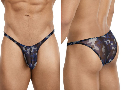 Men's Sheer Blue Camouflage Mesh Bikini – Low-Rise Contour Pouch Underwear by Pikante