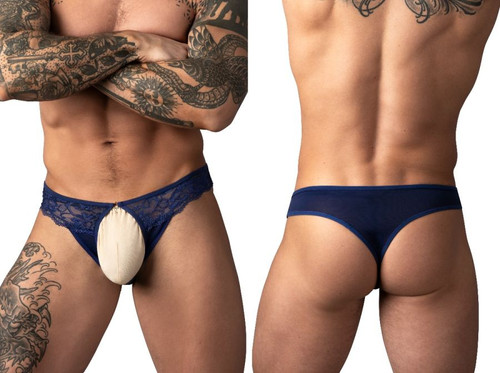 Men's Sassy Lace Open Ring Thong – Sexy Lace Crotchless Men's Thong (Navy) by MalePower