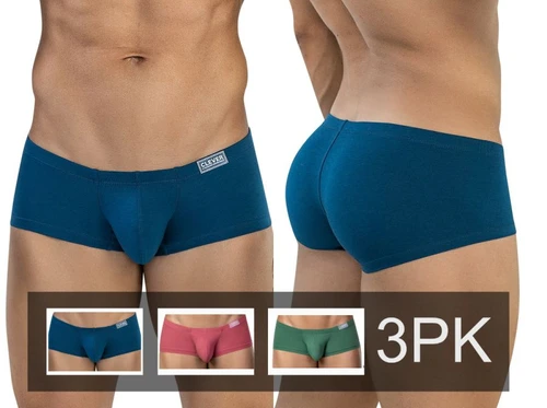 Men's Australian Latin Trunks 3-Pack – Jumbo Enhancement Pouch Low-Rise Boxer Trunks (Multi-Colored) by Clever