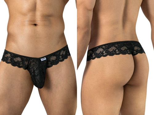 Men’s Lace Thong – Sheer Floral Lace Low-Rise Minimal Back (Black) by CandyMan