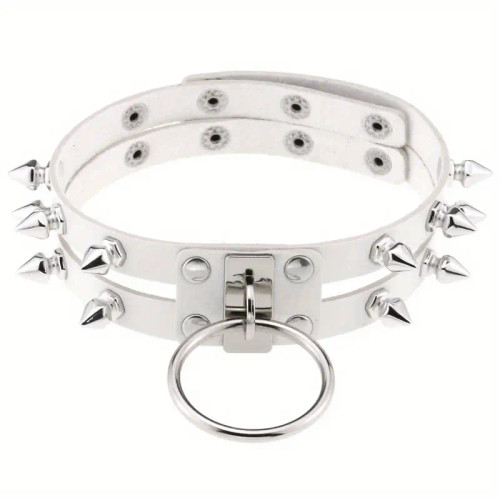 PU Leather Double Row Rivet Spiked Neck Choker Collar Color White
