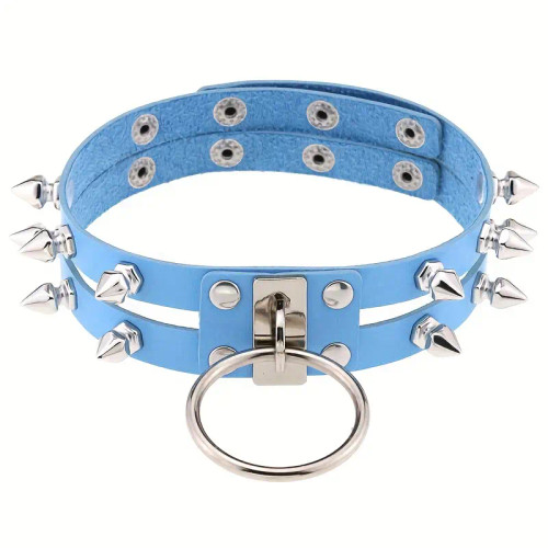 PU Leather Double Row Rivet Spiked Neck Choker Collar Color Blue