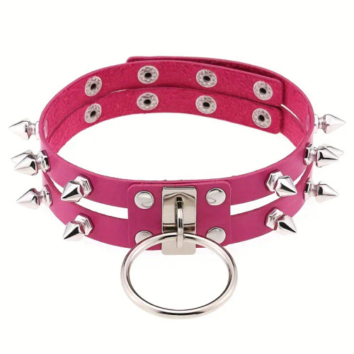 PU Leather Double Row Rivet Spiked Neck Choker Collar Color Rose Red