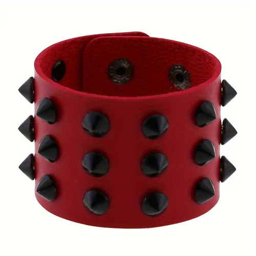 Wide Snap Button PU Leather Spiked Wristband Color Red