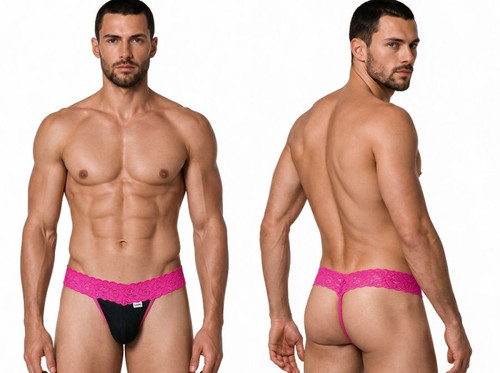 Men’s Lace Thong Lingerie – Sheer Sexy Underwear (Hot Pink) by CandyMan