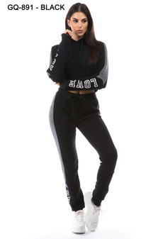LADIES 2 PC LOVE CROP PULLOVER HOODIE AND MATCHING HIGH WAISTED JOGGER FLEECE SET.