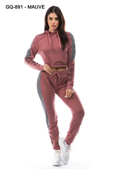 LADIES 2 PC LOVE CROP PULLOVER HOODIE AND MATCHING HIGH WAISTED JOGGER FLEECE SET.