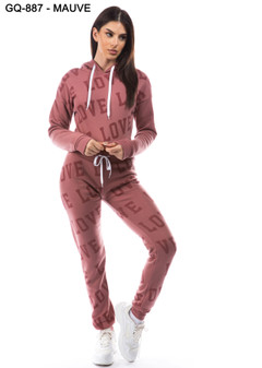 LADIES 2 PC ALL OVER LOVE PRINT CROP HOODIE AND MATCHING HIGH WAISTED JOGGERS FLEECE SET.