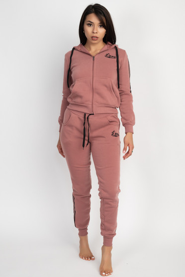 2 PC FULL ZIP SIDE STRIPE LOVE HOODIE/JOGGER SET.