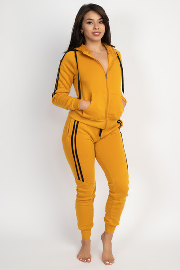 JR 2 PC DOUBLE HALF STRIPE FULL ZIP HOODY/JOGGER FLEECE SET.