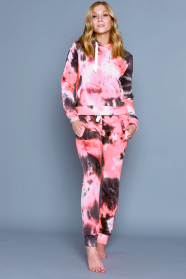 2 PC TIE DYE FLEECE SET. FEATURING PULLOVER HOODIE AND MATCHING HIGH WAISTED JOGGERS.