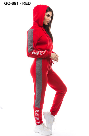 LADIES 2 PC LOVE CROP PULLOVER HOODIE AND MATCHING HIGH WAISTED JOGGER FLEECE SET.