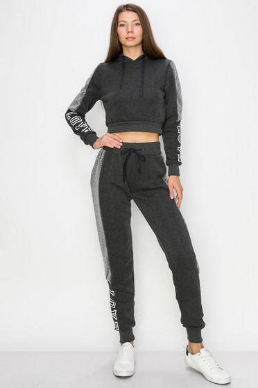 LADIES 2 PC LOVE CROP PULLOVER HOODIE AND MATCHING HIGH WAISTED JOGGER FLEECE SET.