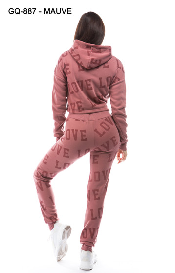 LADIES 2 PC ALL OVER LOVE PRINT CROP HOODIE AND MATCHING HIGH WAISTED JOGGERS FLEECE SET.