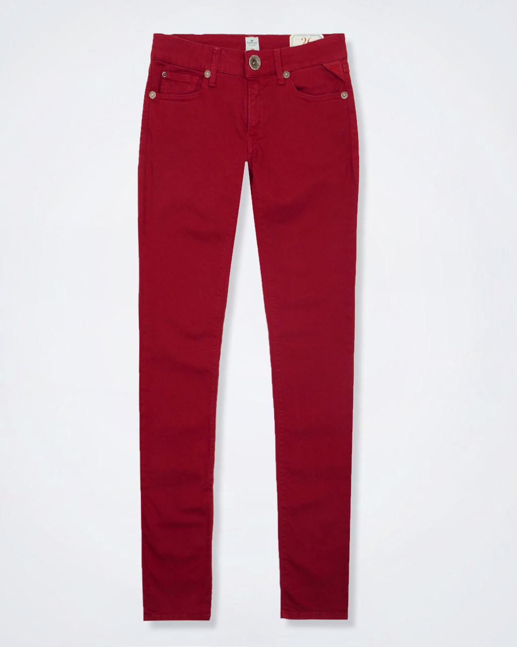red denim jeans