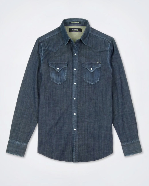 REPLAY Long Sleeve Dark Denim Shirt