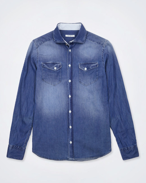 EXIBIT men’s blue denim shirt – slim fit, classic collar, front buttons, chest pockets, made in Italy