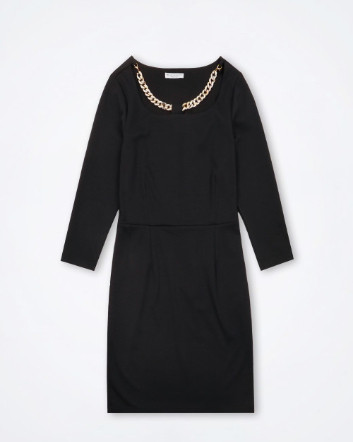 A black dress made from stretchy fabric, showcasing a form-fitting silhouette and elegant design.