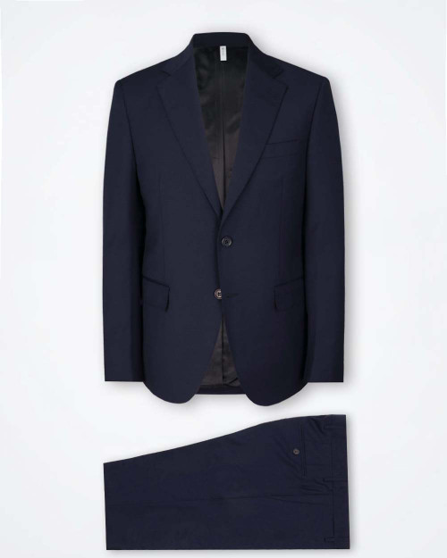 Marselo men's navy blue wool-blend suit – single-breasted, two-button jacket with notched lapel and double rear vents, matching straight-leg trousers, made in Italy